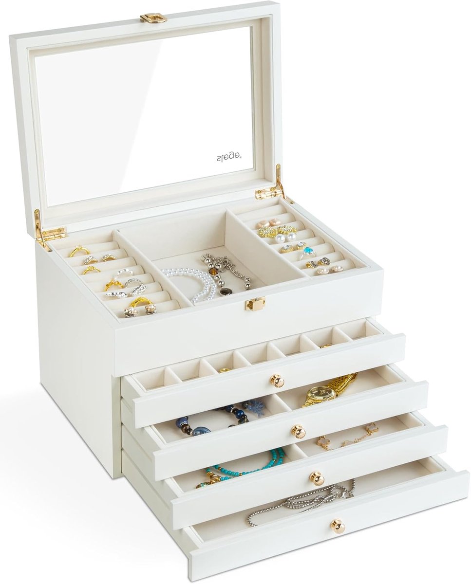 Houten Sieradendoos met Glazen Deksel - 4 Lades voor Ringen, Oorbellen en Kettingen - Elegante Opbergoplossing
