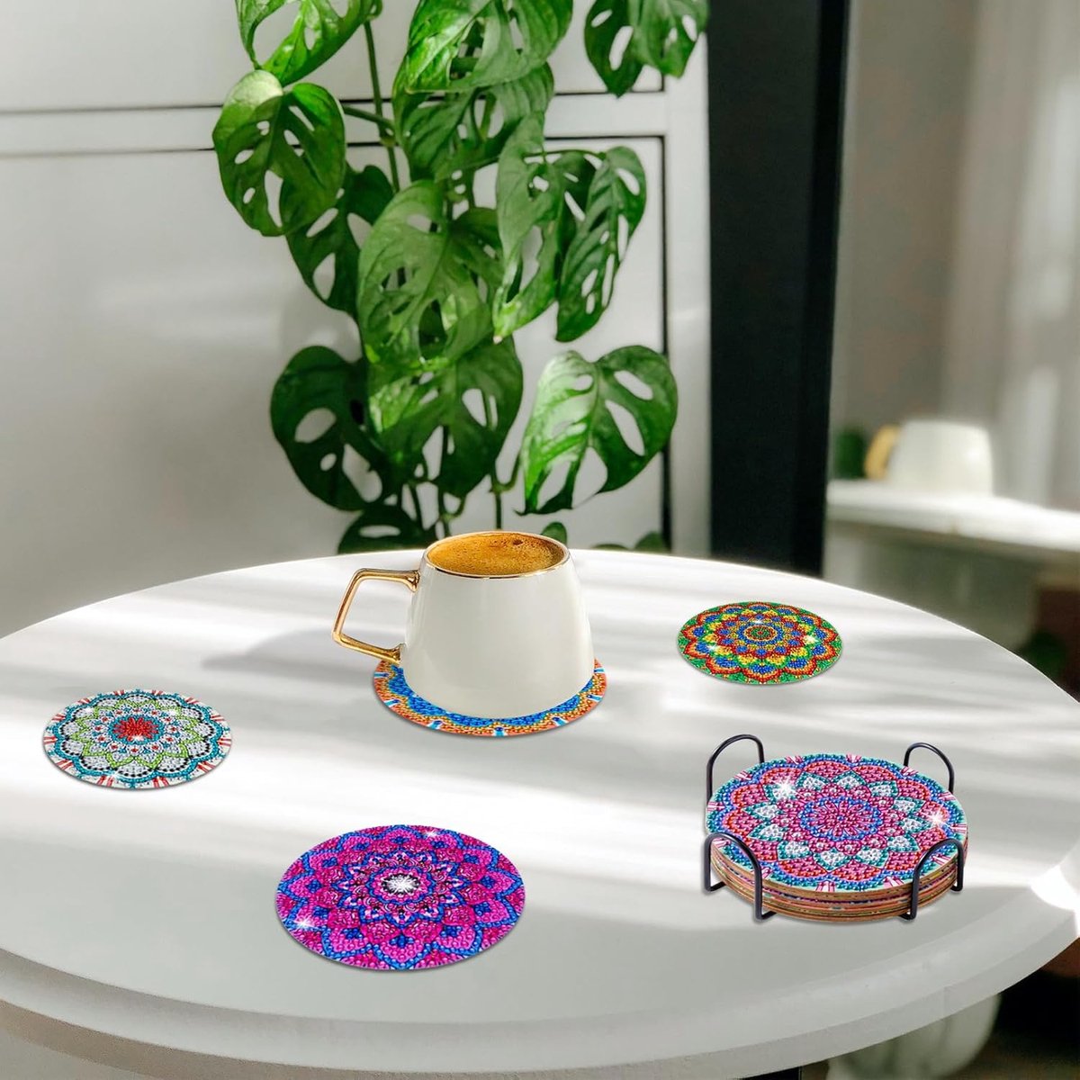 6x Diamond Painting Onderzetters Paarse Mandala DIY Set met Houder