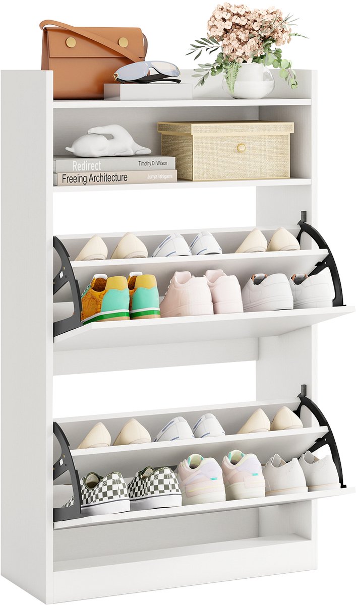 Costway Schoenenkast met 2 kleppen, smalle schoenorganizer met open opbergruimte, vrijstaand schoenenrek, hout, 60 x 24 x 102 cm, voor hal, hal en woonkamer (wit)