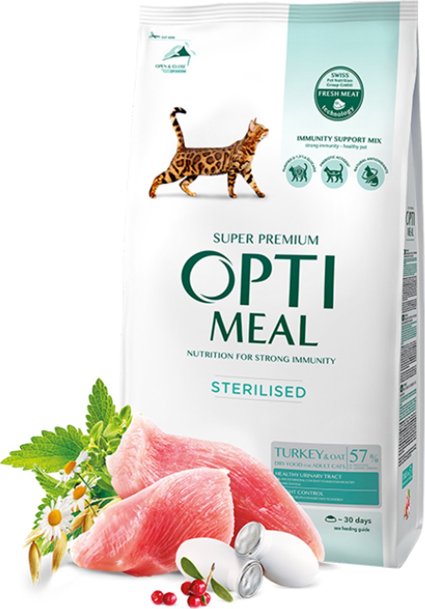 Optimeal Super Premium Droogvoer voor Gesteriliseerde Katten – Kalkoen & Havermout, Ondersteunt Gewicht, Urinewegen en Immuunsysteem, Volledige Voeding voor Volwassen Katten 1.5kg