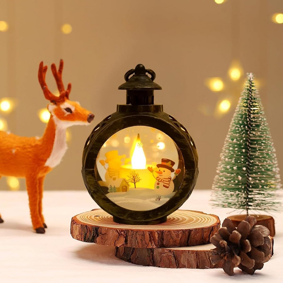 Decoratieve kerstlantaarn set van 2 met sneeuw en kerstthema voor tafeldecoratie – foto 6
