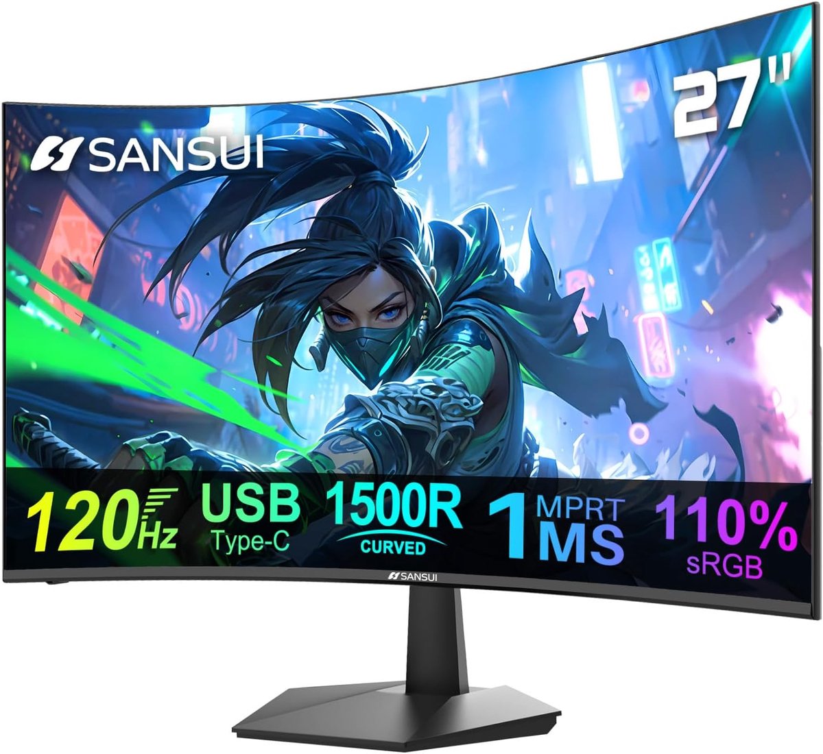 27 Inch Gebogen Monitor 100Hz - USB Type-C Computermonitor met Ingebouwde Luidsprekers en FHD 1080p HDR, VESA-compatibel voor Gaming