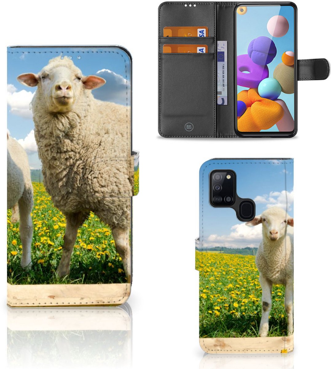Samsung Galaxy A21s Telefoonhoesje met Pasjes Schaap en Lammetje