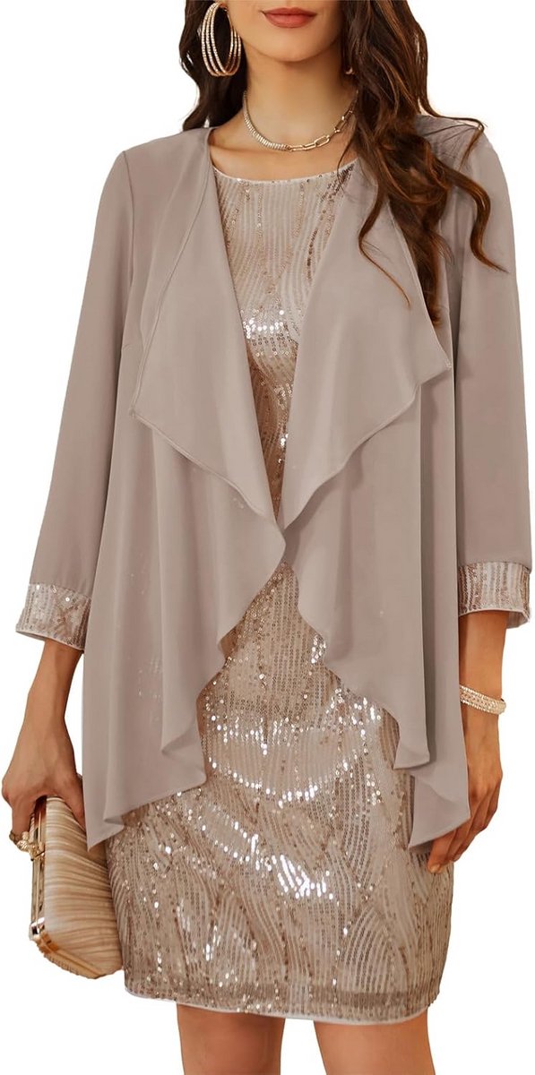 Dames Mouwloze Ronde Hals Pailletten Caami Jurk met Tule Cardigan - Elegante Avondjurk voor Feestjes