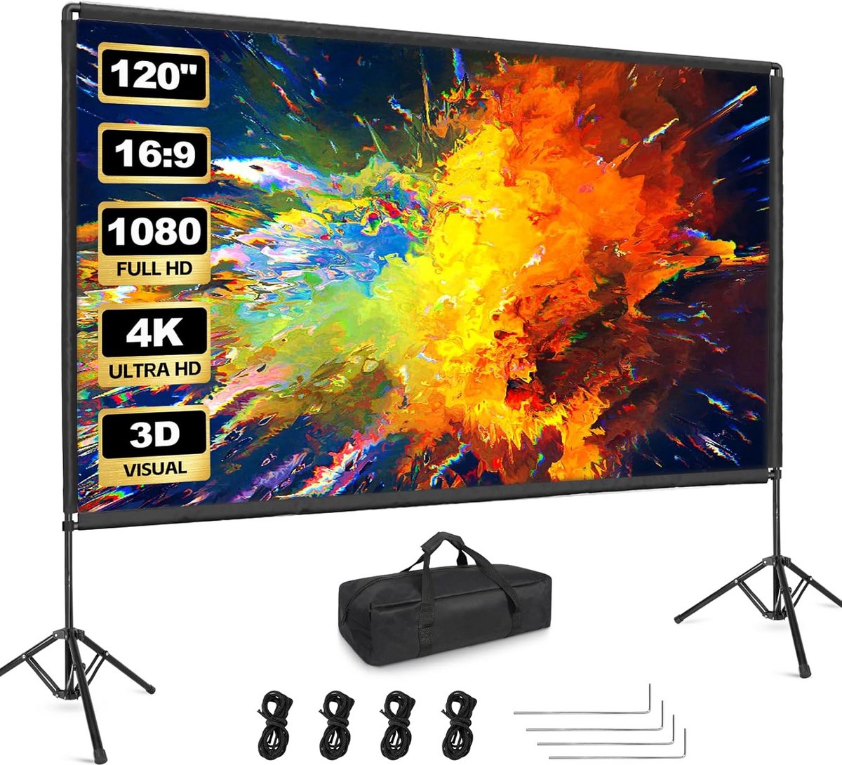 Draagbaar projectiescherm 120 inch voor binnen en buiten - 4K HD en kreukvrij filmscherm met standaard