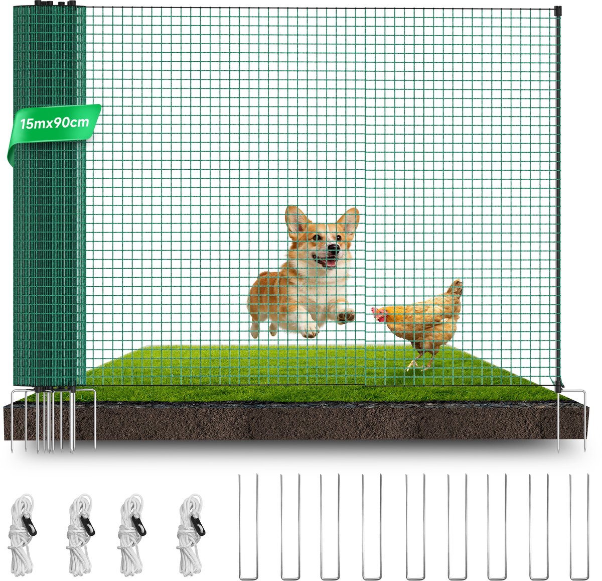 Omheiningsnet voor Hond, Kat, Kip of Kleine Dieren – 90 cm Hoog – 15 m – Verplaatsbaar Tuinhek met Palen, U-Haringen & Spanlijnen – Complete Set – Direct Gebruiksklaar