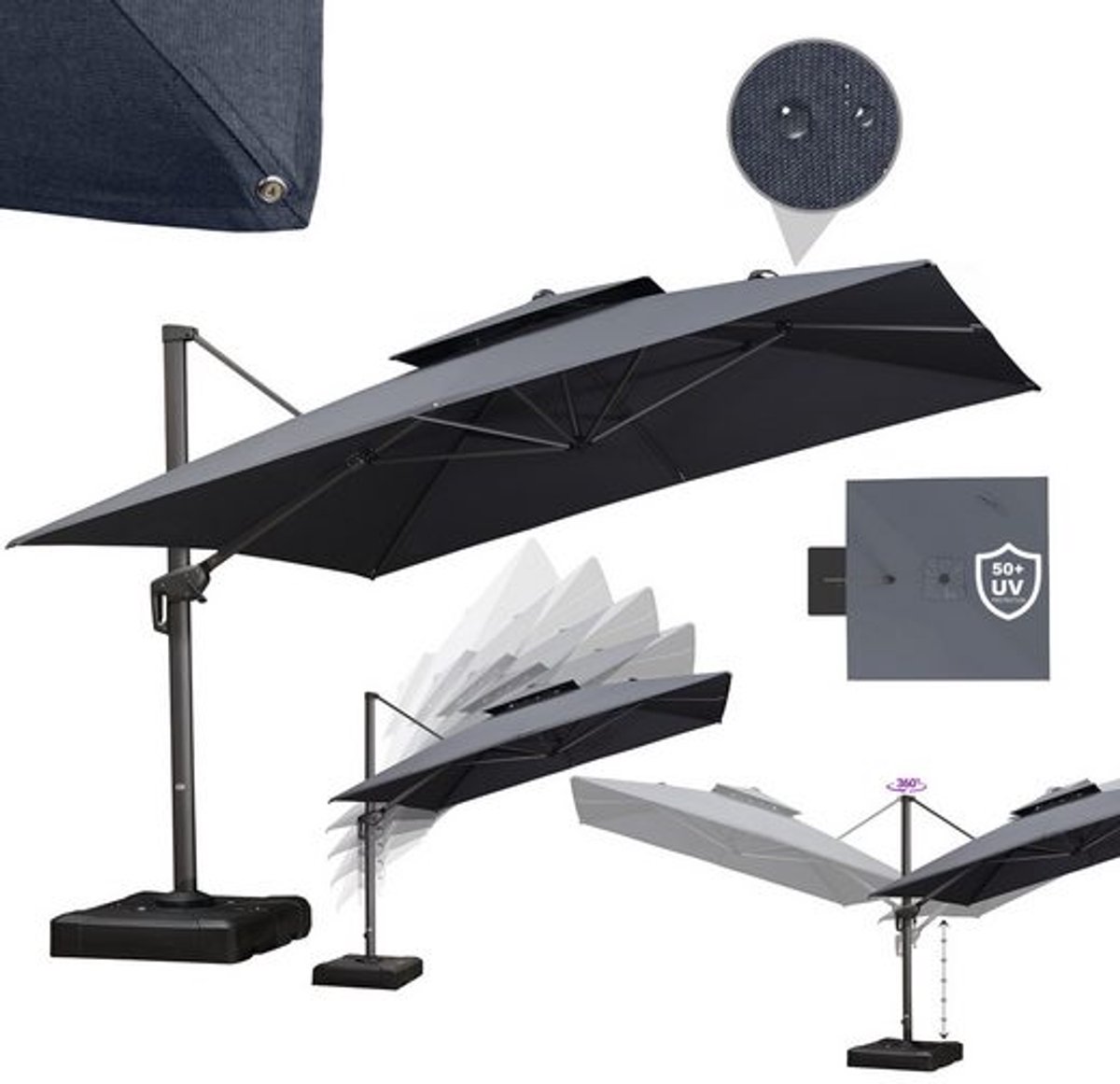 PURPLE LEAF Vierkant Parasol – met Handkruk – Grijs Frame – Dubbellaagse Kap – 360° Draaibaar – Geschikt voor Tuinen – Terrassen – Zwembaden