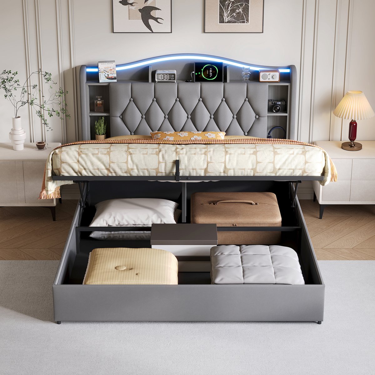 Tweepersoonsbed 160x200 Grijs Fluweel – LED Hoofdbord met USB, Gasveer Opbergbed, Verstelbaar Hoofdbord