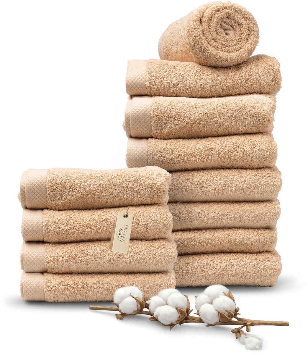 Miss Towels 50x100 Handdoeken Set 12 st. - 5 sterren Hotelkwaliteit - Badtextiel - Luxe Badhanddoeken - Zachte Badlakens - Zand Kleur - Made in Portugal