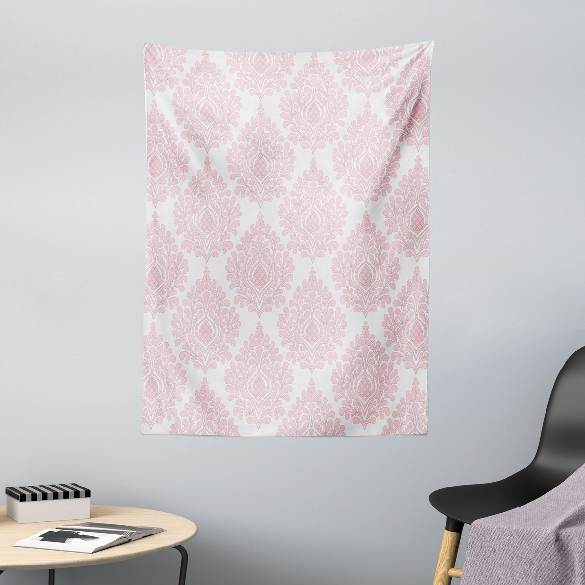ABAKUHAUS Damast Wandtapijt, Damastpatroon Koninklijk Motief Roze Bloemenontwerp Victoriaanse Modeprint, 110 x 150 cm, Wit Roze