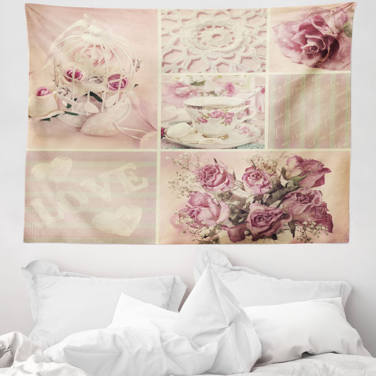ABAKUHAUS Shabby Flora Wandtapijt, Vintage Moederdagthema met Kanten Kooitjes en Bloemen, 150 x 110 cm, Lichtroze Wit