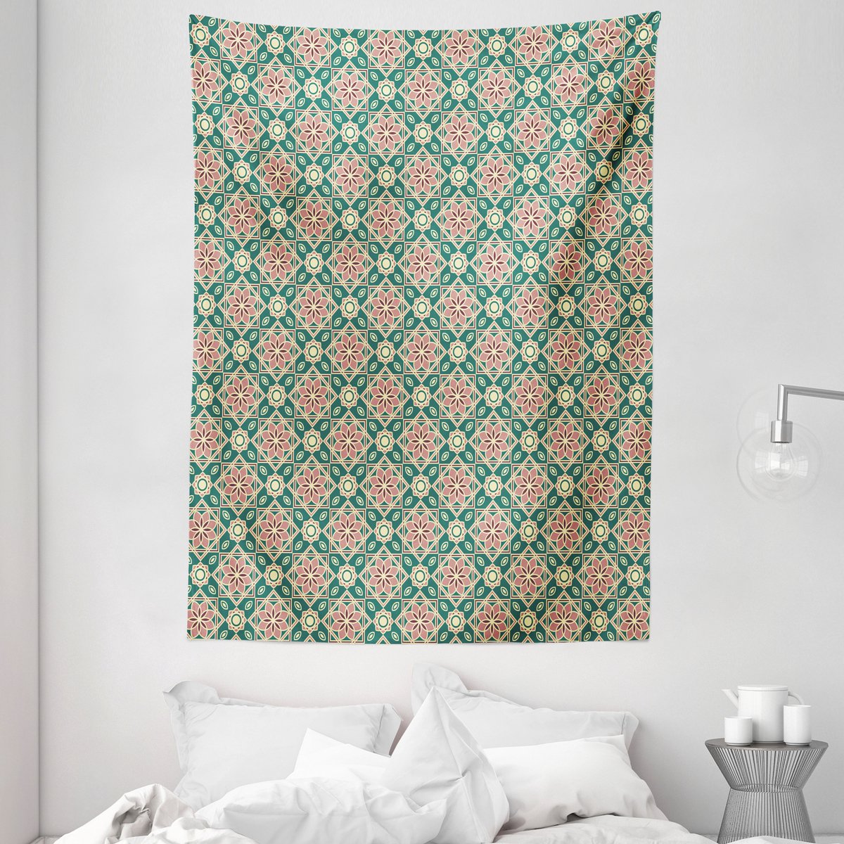 ABAKUHAUS Oosterse wandtapijt, vintage mozaïekontwerp met bloemmotieven in zigzagpatroon en ovale details, 110 x 150 cm, bosgroen en lichtroze.