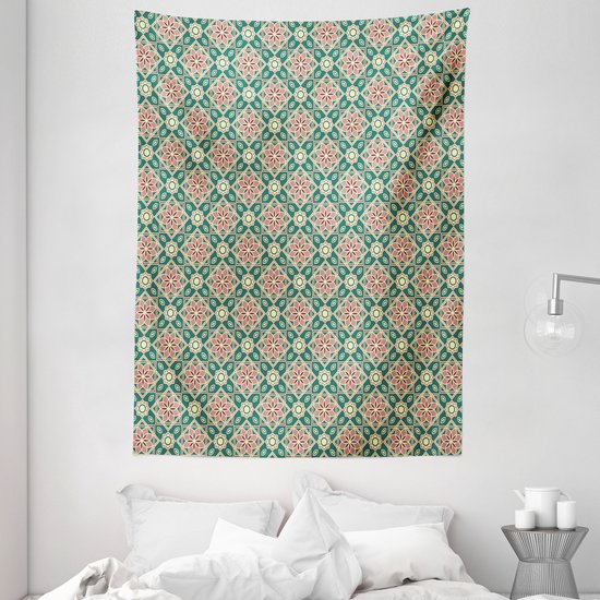 ABAKUHAUS Tapisserie orientale, design mosaïque vintage avec motifs floraux en zigzag et détails ovales, 110 x 150 cm, vert forêt et rose clair.
