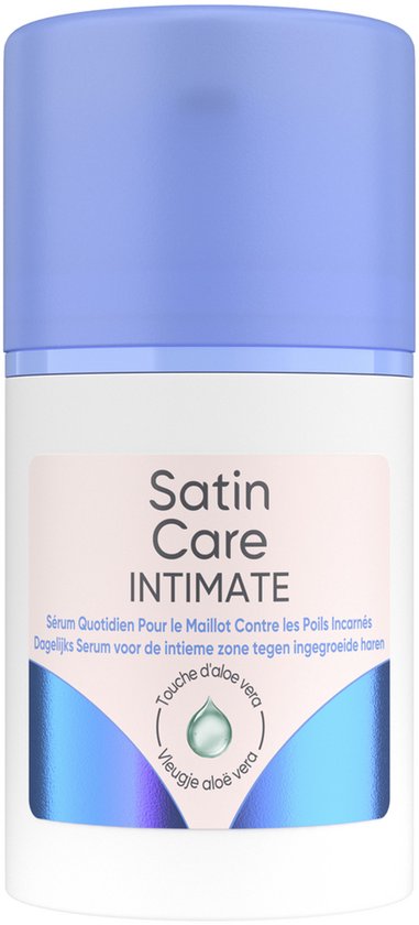 Satin Care Intimate serumflesje met paarse dop, op een lichte achtergrond.