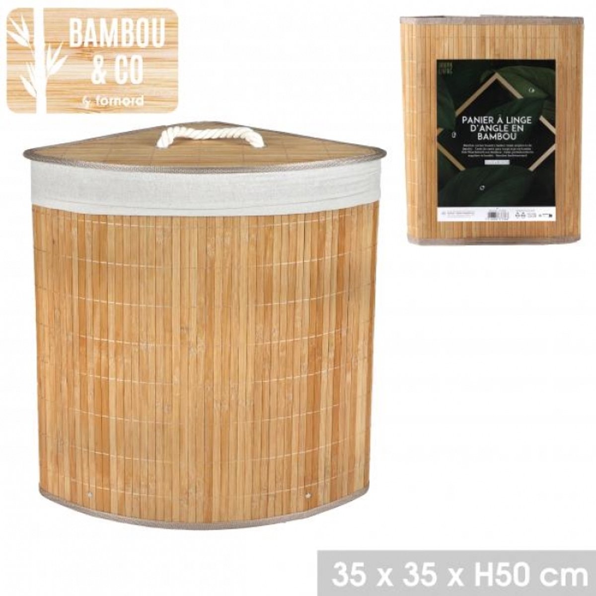 "BAMBOU & CO" HOEKWASMAND MET BAMBOEDEKSEL 35×35×H50 CM