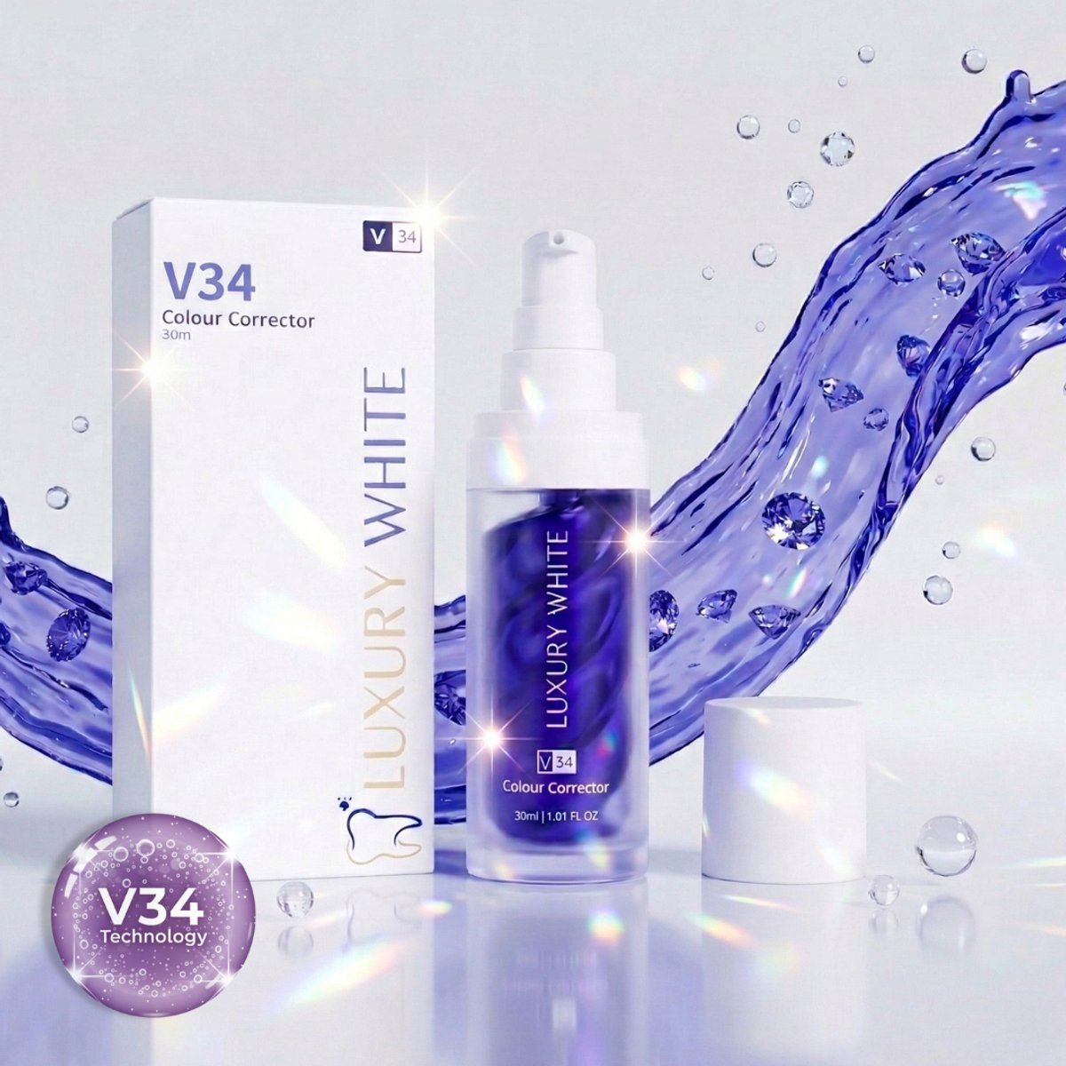 Luxury White - V34-Technologie - Colour Correcting Serum - Witte Tanden - White strips - Whitening Tandpasta - Tanden Bleken - Tandenbleker - Paarse Tandpasta - Luxury Smile - Cresting Formula - White Smile - Whitening Strips