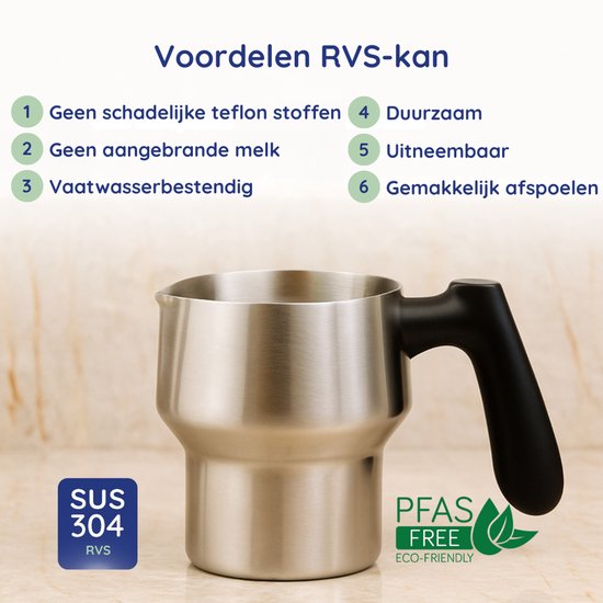 Zilverkleurige roestvrijstalen kan met zwart handvat, met opschrift 'SUS 304 RVS' en 'PFAS FREE'.