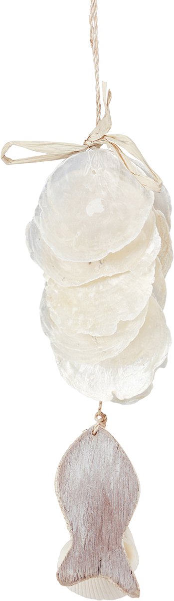 Maritieme decoratiehanger Capiz schelp met vis wit 39cm