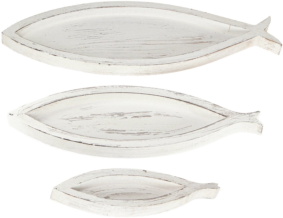 Decoratief dienblad hout vis wit naturel L30/40/50cm set van 3