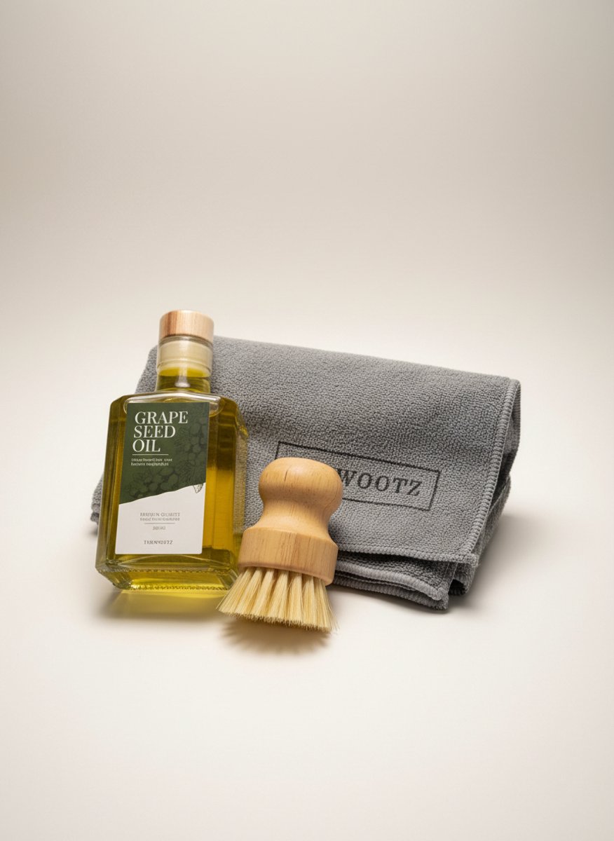 TheWootz Onderhoudspakket Snijplank – 100% Druivenpitolie 250ml + Doek + Borstel – Compleet Onderhoud voor Houten & Bamboe Snijplanken