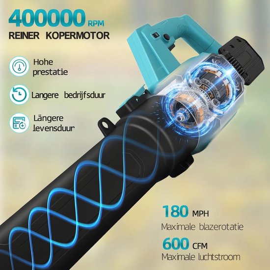 Draadloze Accu Bladblazer - 290 km/u - Borstelloos - Inclusief 4.0Ah Accu & Snellader - 5 Snelheidsstanden - Turbo Modus - Lichtgewicht & Ergonomisch - Voor Bladeren, Sneeuw & Tuinonderhoud van Merkloos	 — afbeelding 4
