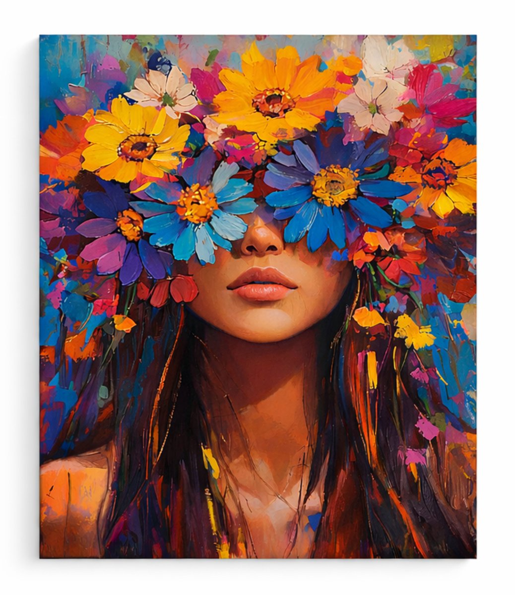 Nalovi - Schilderen op nummer - Vrouw met kleurrijke bloemen - Op doek - Schilderpakket - Voor Volwassenen - Inclusies verf en penselen - 50x40 - Hobby voor thuis - Rustgevend