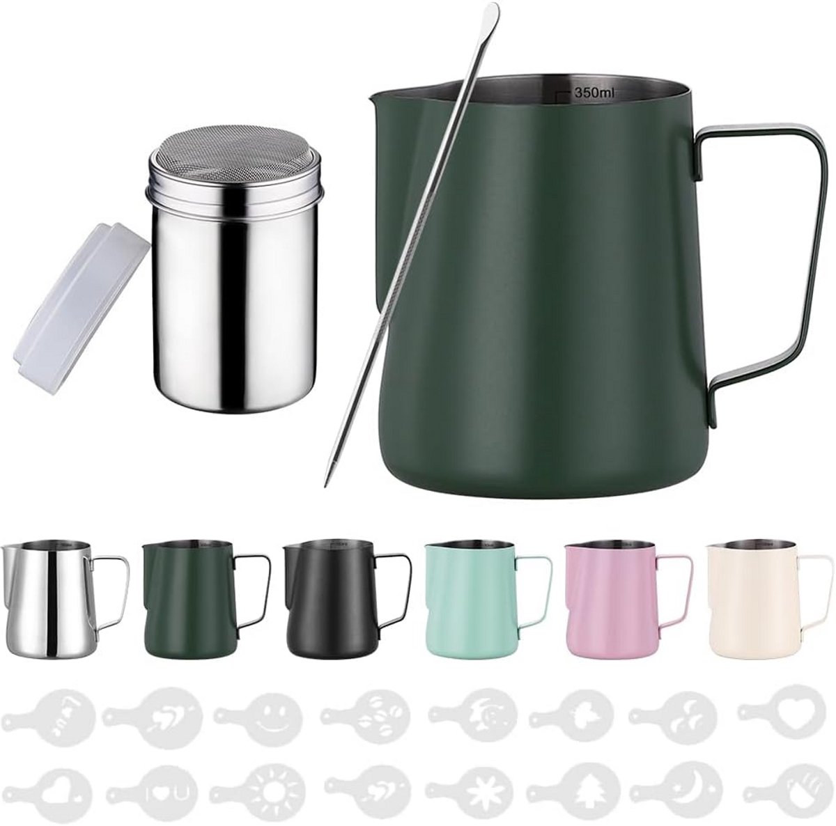 Roestvrijstalen Melkkannetje met Maataanduiding en Latte Art Sets – 350 ml