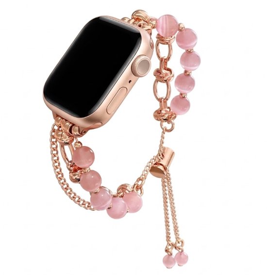 Bracelet de montre or rose avec pierre oeil de chat rose 42/44/45 mm bracelet de bijou luxe adapté pour iWatch élégant réglable cadeau