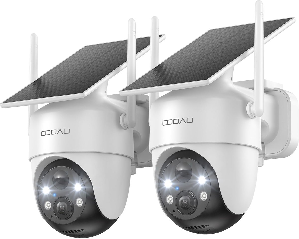 COOAU C5 Beveiligingscamera - Draadloze 2K Beveiligingscamera voor buiten - 360° Gekking - Geïntegreerd zonnepaneel - kleuren-Nachtzicht - Alexa - 2 Stuks