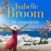 Een vrouw met een witte hoed en rode jurk kijkt uit over een witte stad aan zee met windmolens.
