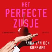 Boekomslag "Het perfecte zusje" met een hand die een rode toffeeappel vasthoudt tegen een rode achtergrond. Tekst: "Het perfecte zusje", "Anna van den Bremer".