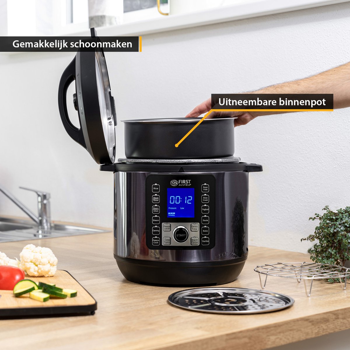 TZS First Austria Multicooker - 6L - 1000W - Snelkookpan - Rijstkoker - 12 Kookfuncties - RVS - Timer - Zwart – foto 4