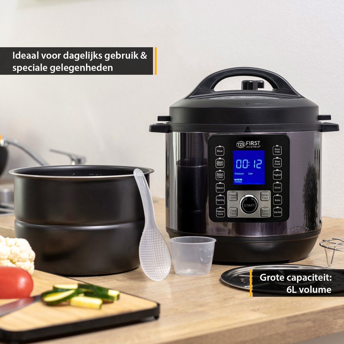 TZS First Austria Multicooker - 6L - 1000W - Snelkookpan - Rijstkoker - 12 Kookfuncties - RVS - Timer - Zwart – foto 6