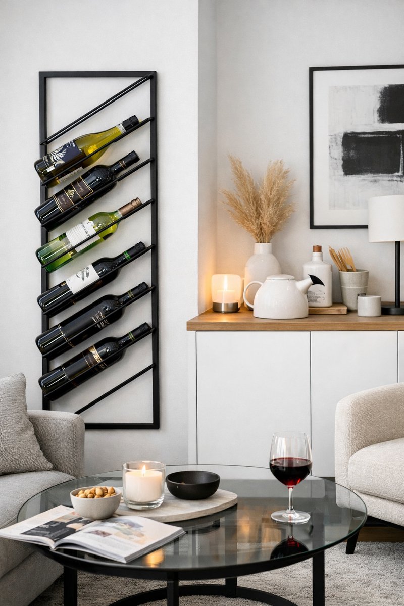 Eleganca Wijnrek – 9.5x30x99.5 cm – Wijnrek hangend - Muur - Wijn rek – Ruimte voor 8 flessen – Metaal – Zwart