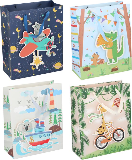 Cadeautas voor Kinderen met Handvat – Geschenkzak voor Cadeaus – Papieren Cadeautas met Dieren Illustraties – Cadeauverpakking voor Verjaardag of Kinderfeestje – 1 Willekeurige Variant