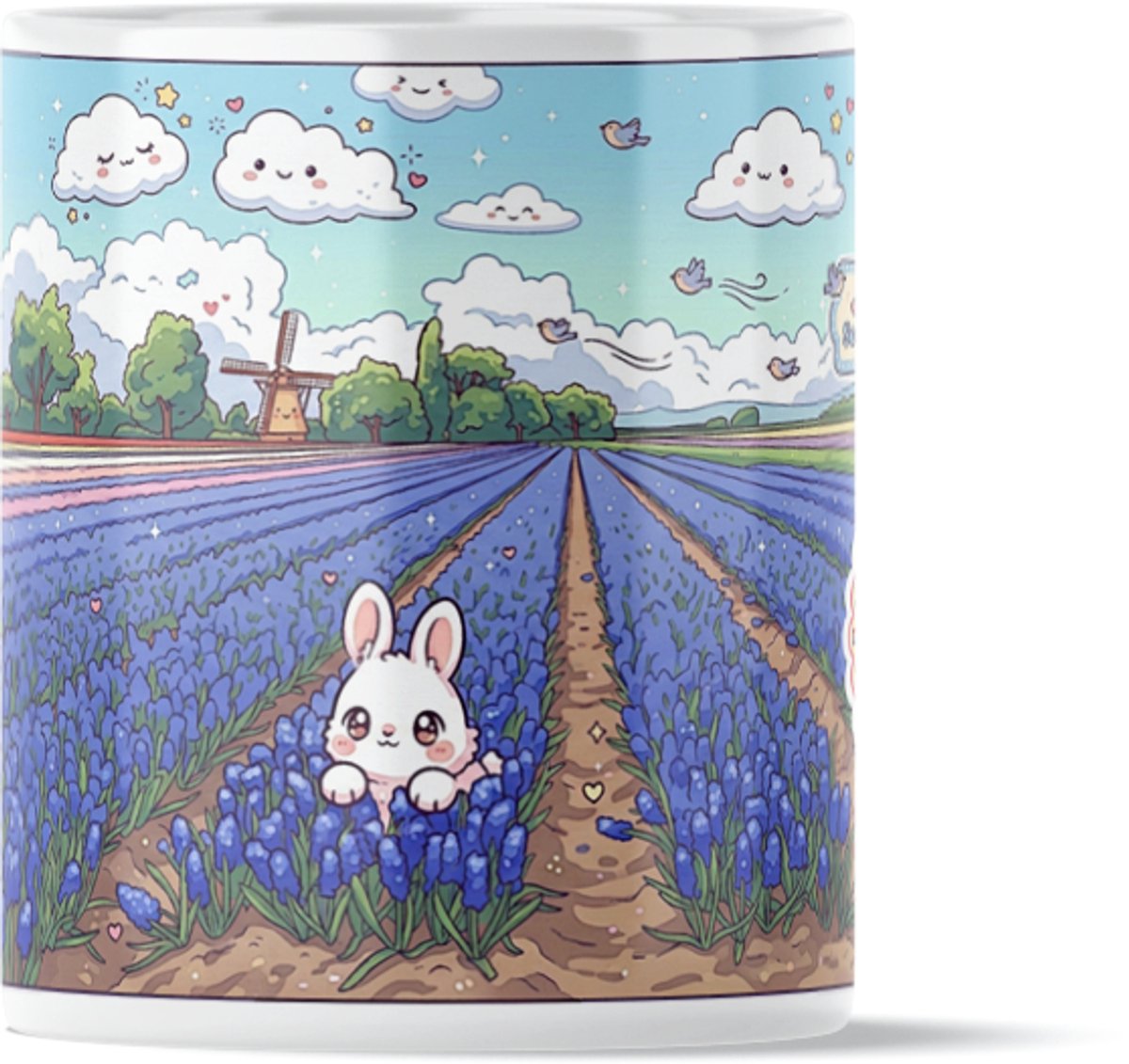 Kawaii Holland Mok - Schattig Lief Paashaas Konijntje in Bloemenveld met Hyacinten & Molen - Grappige Koffiemok & Theemok met Lente Thema uit de "Kawaii Series - Cadeau voor haar: Vrouw, Vriendin of Collega - Hollandse Souvenir