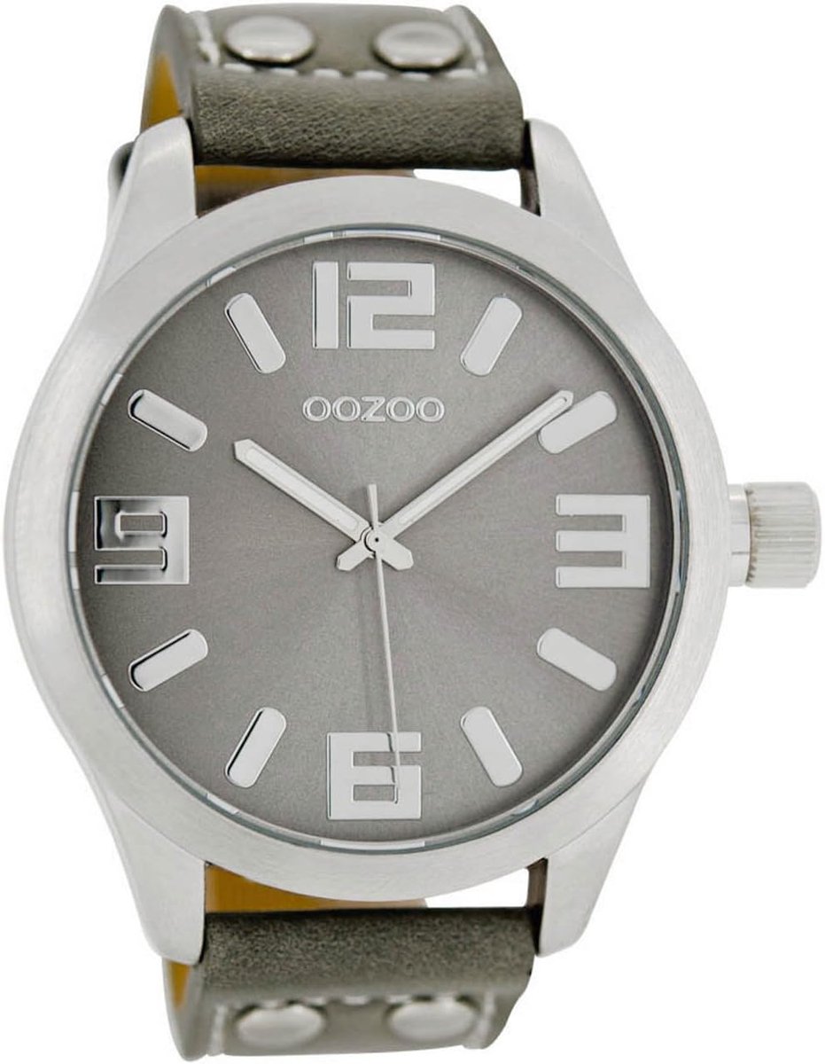 Zilverkleurig horloge met grijze leren strap - XL formaat