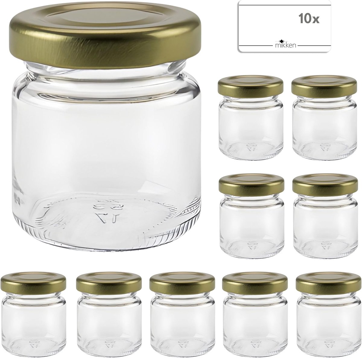 Mini Weckpotjes Set van 10 - 53 ml met Gouden Deksel en Labels