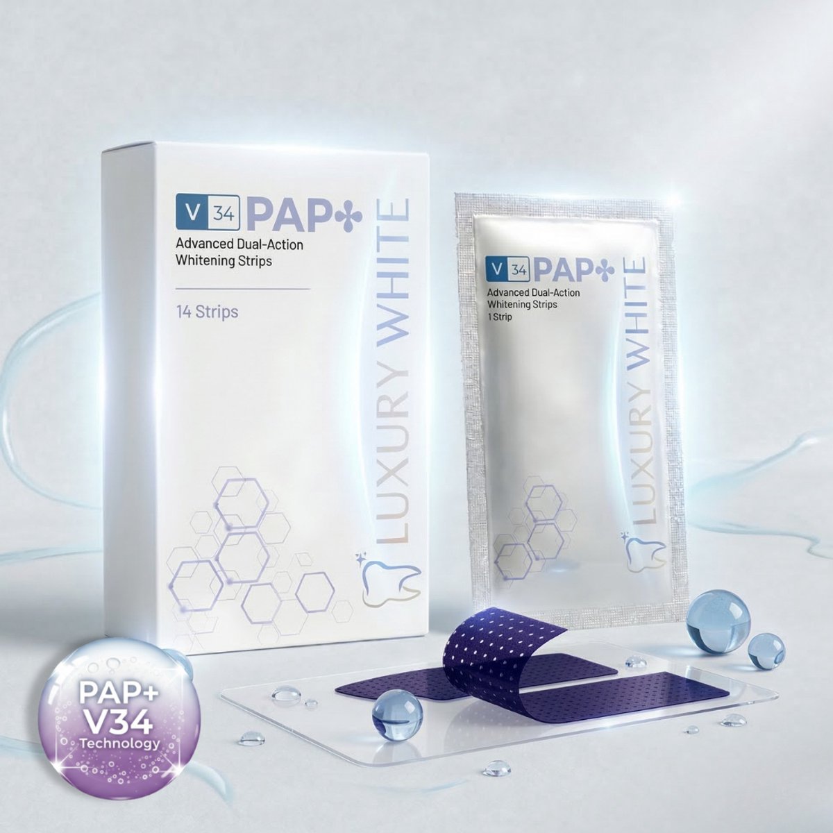 Luxury White - V34 X PAP+ Whitening Strips - Dual Action - Tandenblekers - Witte Tanden bleken - Teeth Whitening Strips - White Strips - Cresting Formula - Tandenbleekset - Tandenbleek Set - Whitestrips - Pure Ingrediënten - Luxe Smile - 14 Paar