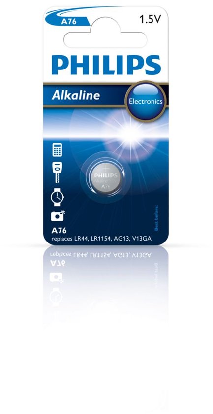 Philips A76 alkaline batterij van 1.5V, met pictogrammen voor rekenmachine, sleutel, horloge en camera op de verpakking.