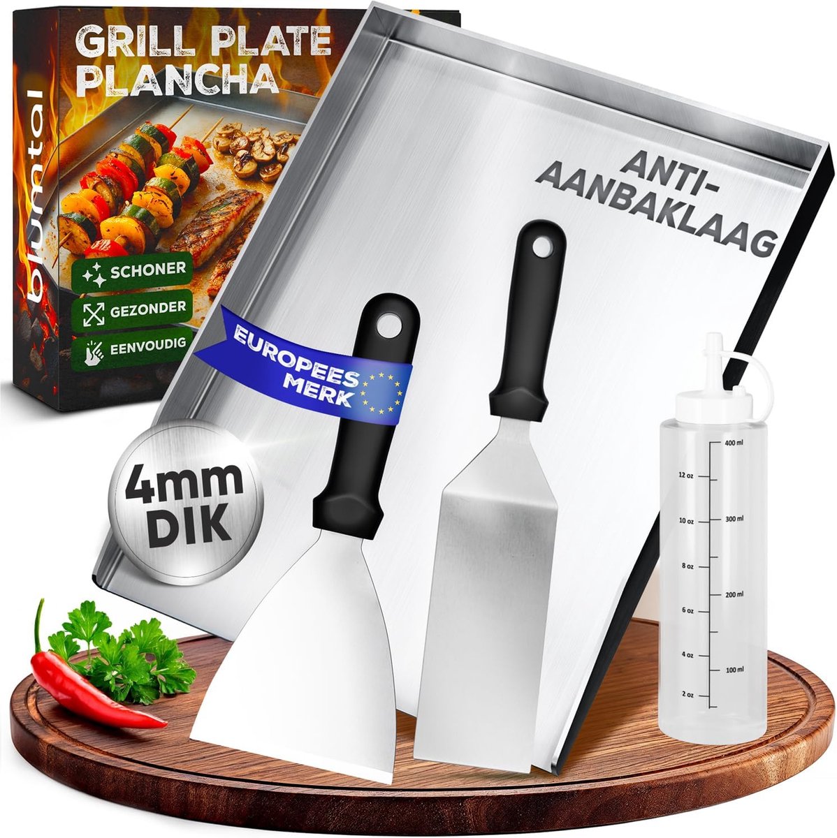 Plancha Grillplaat RVS 30x40 cm met 2 Spatels en Oliefles - Geschikt voor Gasbarbecue