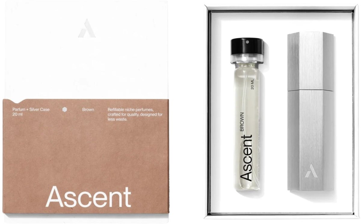 Ascent Bruin Starterspakket - Parfum Voor Dames en Heren - Eau De Toilette Homme – Parfumolie - Geurset – Parfumset - Geschenkset Vrouwen en Mannen - Geurtjes Vernevelaar - Luchtjes - 20ml - Vegan - Organische Basis - Incl. Zilveren Houder