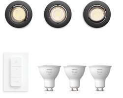 Philips Hue Peridot Set van 3 Inbouwspots (Zwart) - Rond - Richtbaar - GU10 - Warmwit Licht - Incl. Hue Dimmer Switch - Hue White