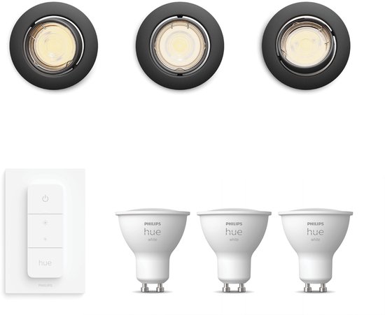 Set van 3 Philips Hue Peridot inbouwspots (zwart) met Hue Dimmer Switch en 3 witte spotlampen.