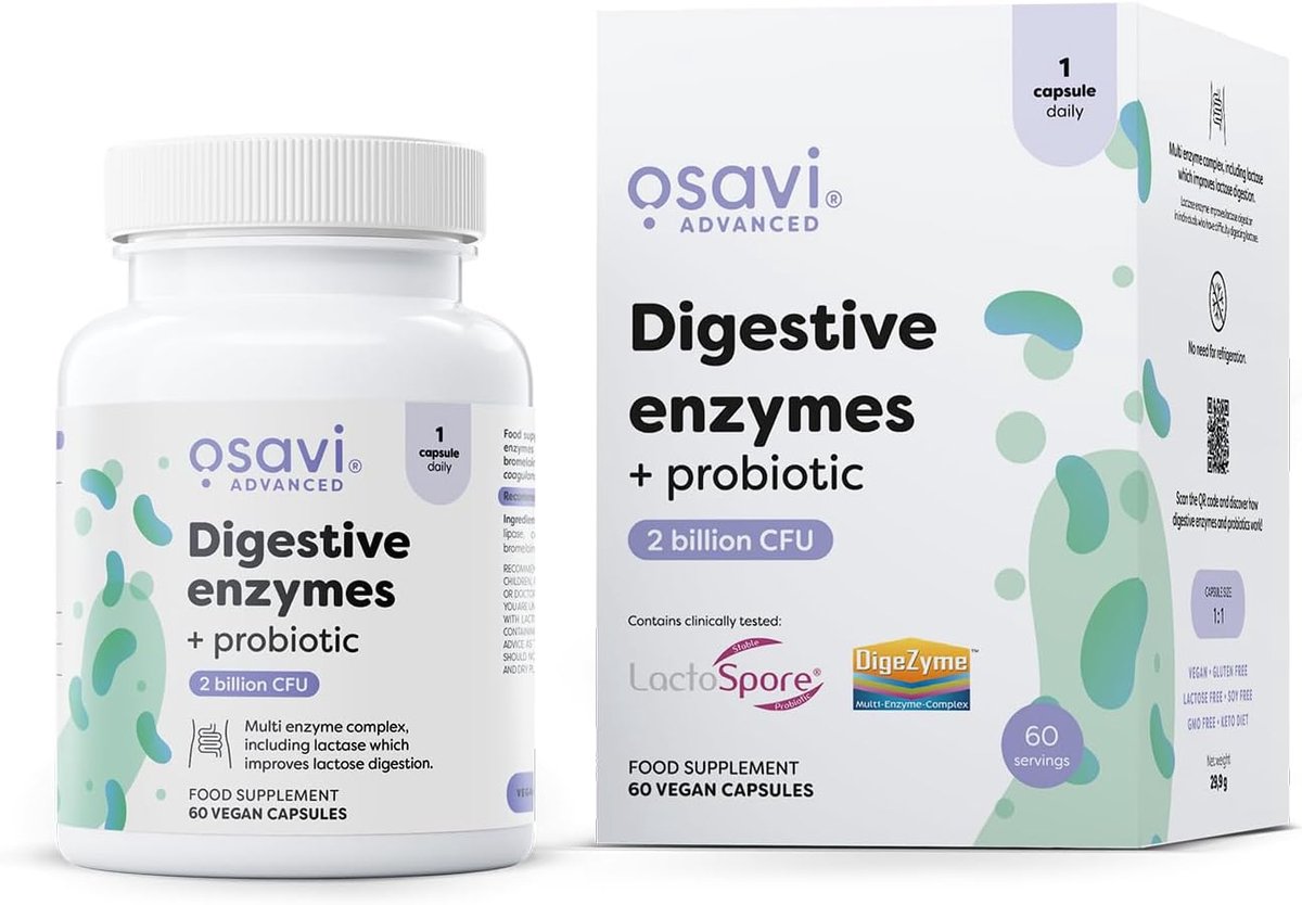 Spijsverteringsenzymen met LactoSpore® – 60 capsules – DigeZyme® & LactoSpore® – 7 enzymen waaronder lactase, papaïne & bromelaïne – Osavi