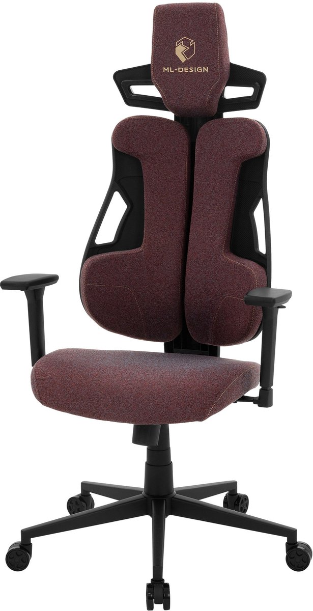 Gaming stoel met armleuning, hoofdsteun en lendensteun rood, gemaakt van stof ML-Design