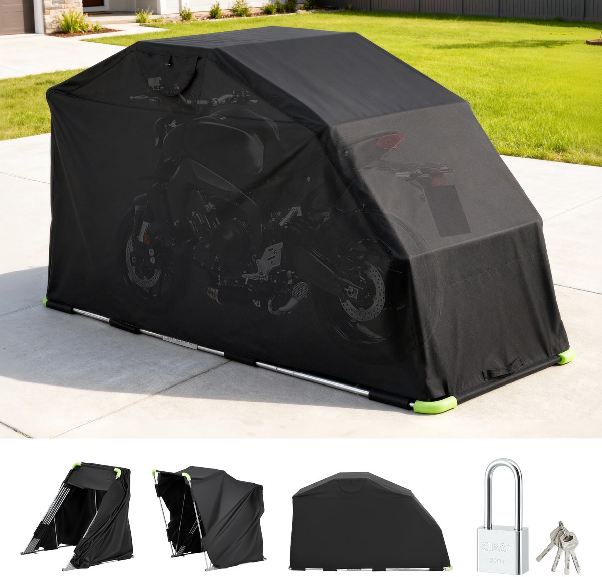 VEVOR Motortentgarage, Motorhoes 2790x1095x1600 mm, Motorgarage met veiligheidsslot, 600D Oxford vouwtent, Weerbestendige motorhoes met ventilatieramen, Zwart – foto 5