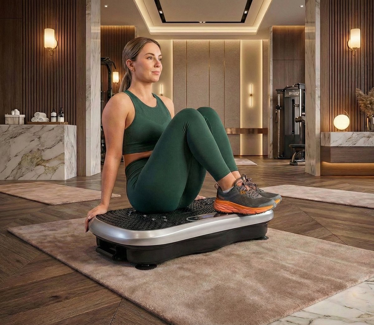 Trilplaat voor Thuis – Full-Body Fitnessapparaat met 99 Intensiteitsniveaus, 5 Trainingsprogramma's, Massagefunctie, Bluetooth Luidspreker en Weerstandsbanden – Designbest