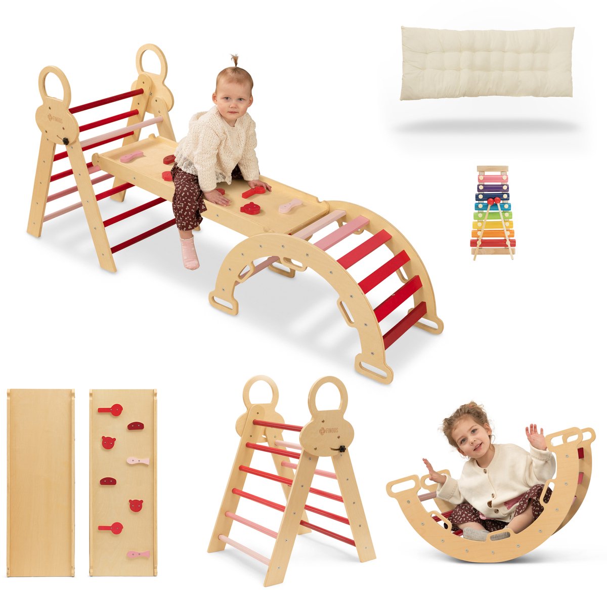 FINOOS Klimrek - Klimdriehoek - Klimboog - Glijbaan - Montessori - Houten Speelgoed - incl. kussen en Xylofoon Roze