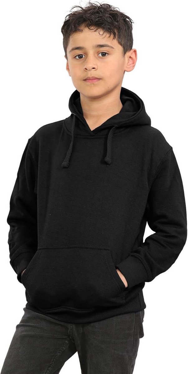 Unisex Kinderhoodie Fleece Trui met Capuchon en Voorzakken Warm Zwart